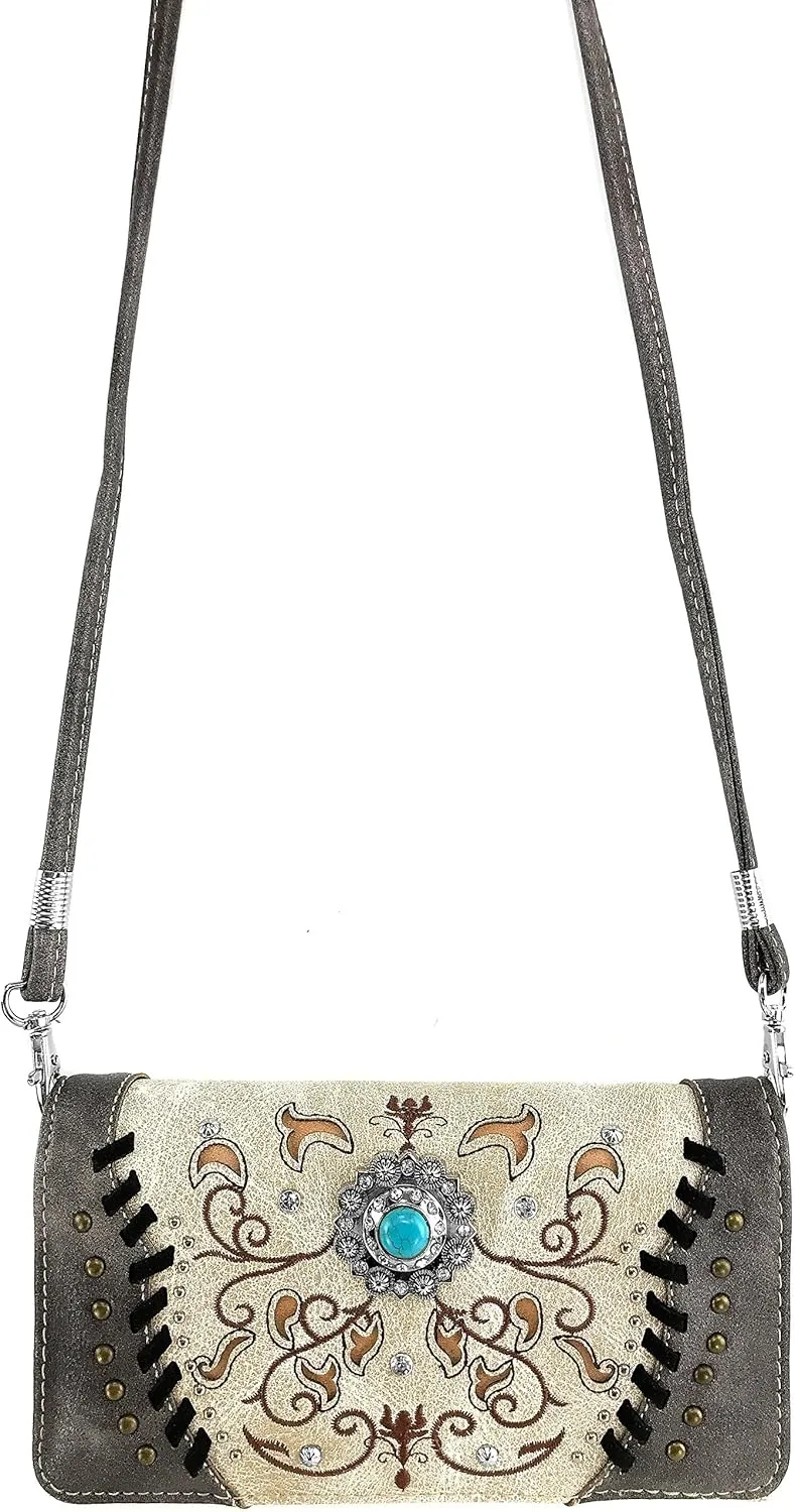 Justin West Concho Floral Embroidered Studded CCW Concealed Carry Shoulder Purse Handbag Wallet