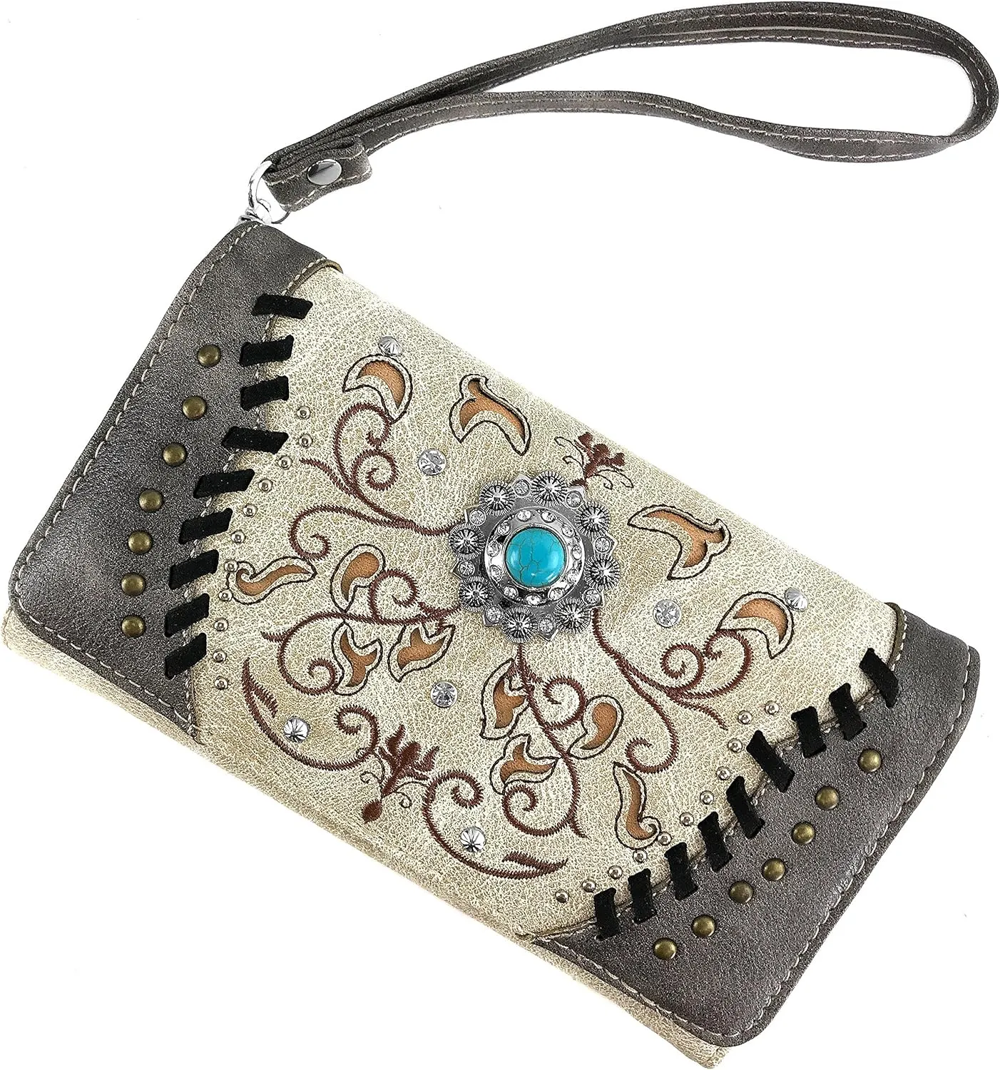 Justin West Concho Floral Embroidered Studded CCW Concealed Carry Shoulder Purse Handbag Wallet