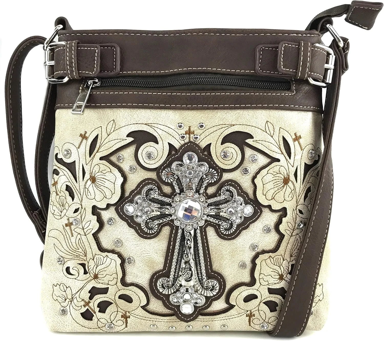 Justin West Embroidery Floral Cross Rhinestones and Studs Tote Shoulder Concealed Carry Handbag Messenger Purse