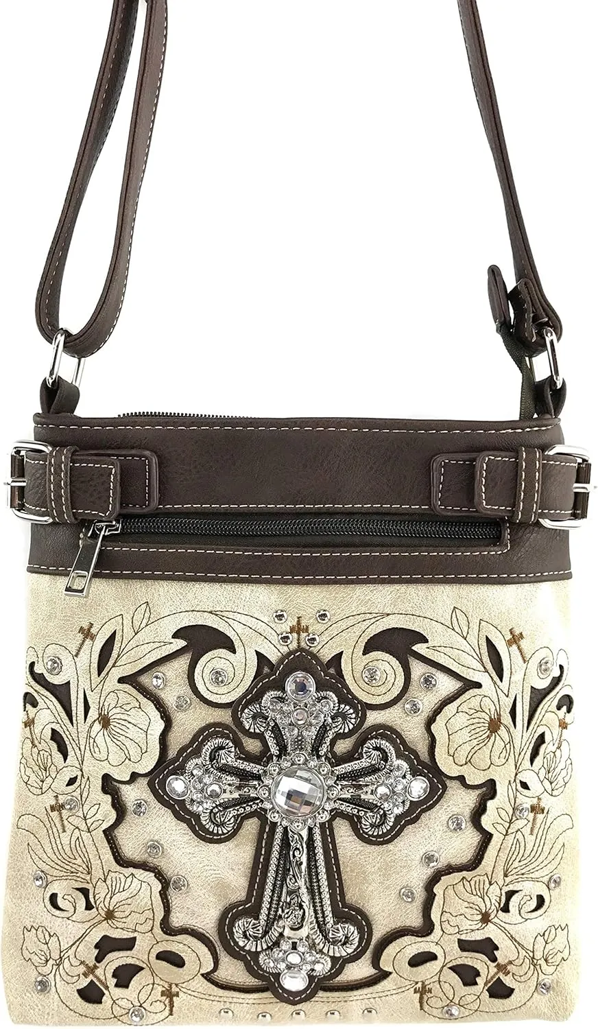 Justin West Embroidery Floral Cross Rhinestones and Studs Tote Shoulder Concealed Carry Handbag Messenger Purse