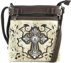 Justin West Embroidery Floral Cross Rhinestones and Studs Tote Shoulder Concealed Carry Handbag Messenger Purse