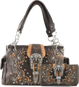Justin West Embroidery Floral Glittering Bling Rhinestone Buckle Shoulder Concealed Carry Handbag Purse Trifold Wallet