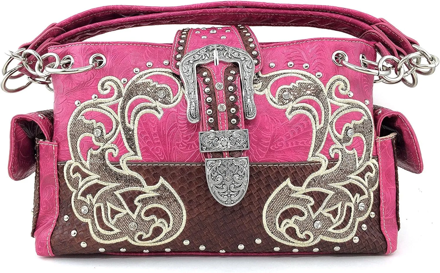 Justin West Gleaming Western Tooled Rhinestone Buckle Floral Embroidery Chain Shoulder Handbag Purse Concealed Carry