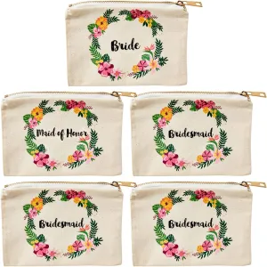 Juvale Set of 5 Floral Bridesmaid Makeup Bag Gifts for Wedding Day, Bridal Shower, Bachelorette Party Favors (7 x 4 Inches)