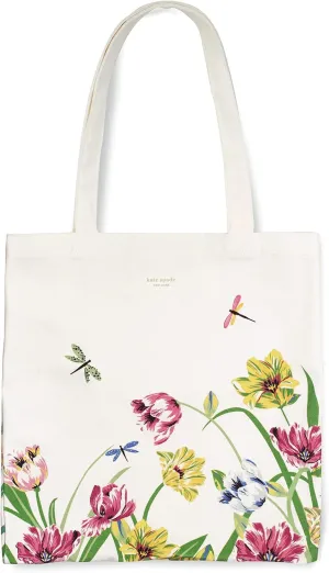 kate spade new york Canvas Tote Bag for Women, Cute Tote Bag for Work or Teacher, Canvas Beach Bag, Book Tote with Pocket, Dragonflies and Tulips
