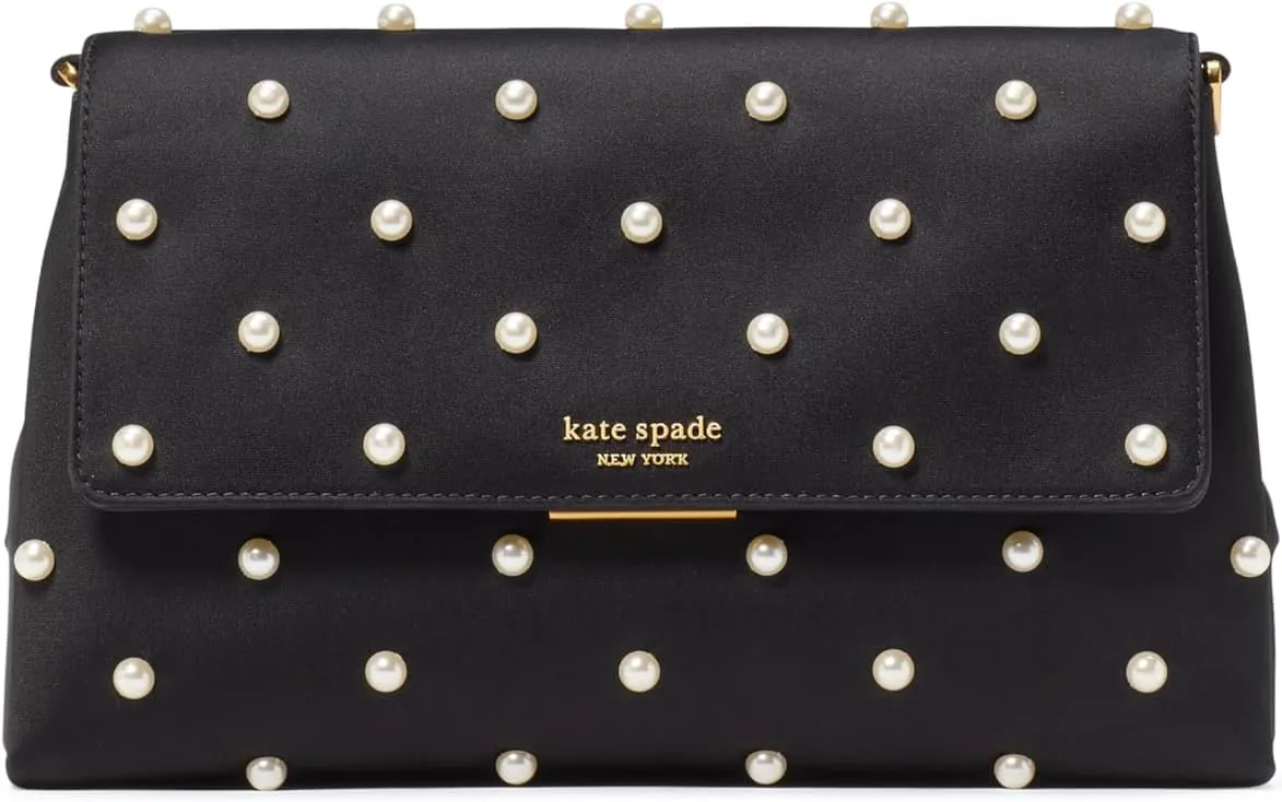 kate spade new york Grace Pearl Embellished Satin Clutch, Black