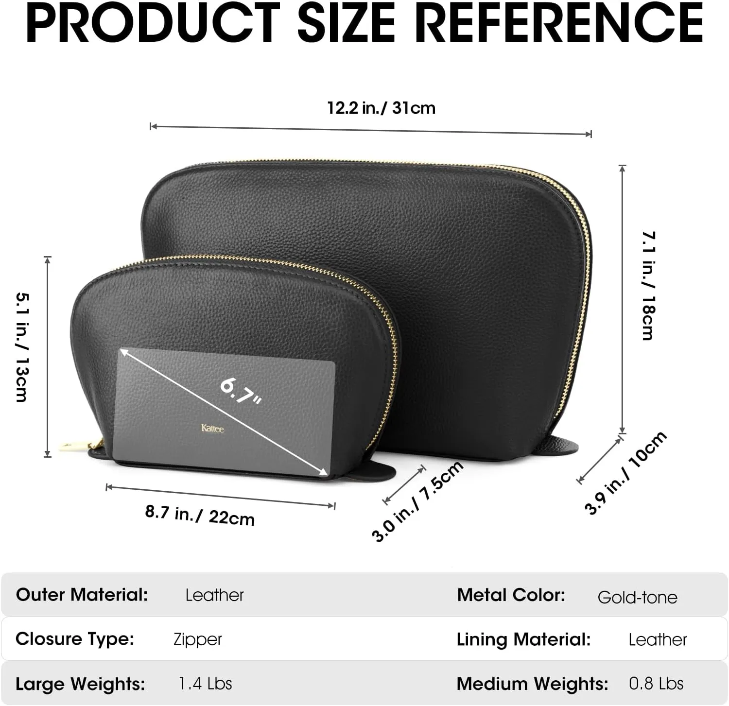 Kattee Leather Makeup Bag, Travel Cosmetic Bag Set, Toiletry Bag Organizer for Women, 1-PACK, Medium, Black