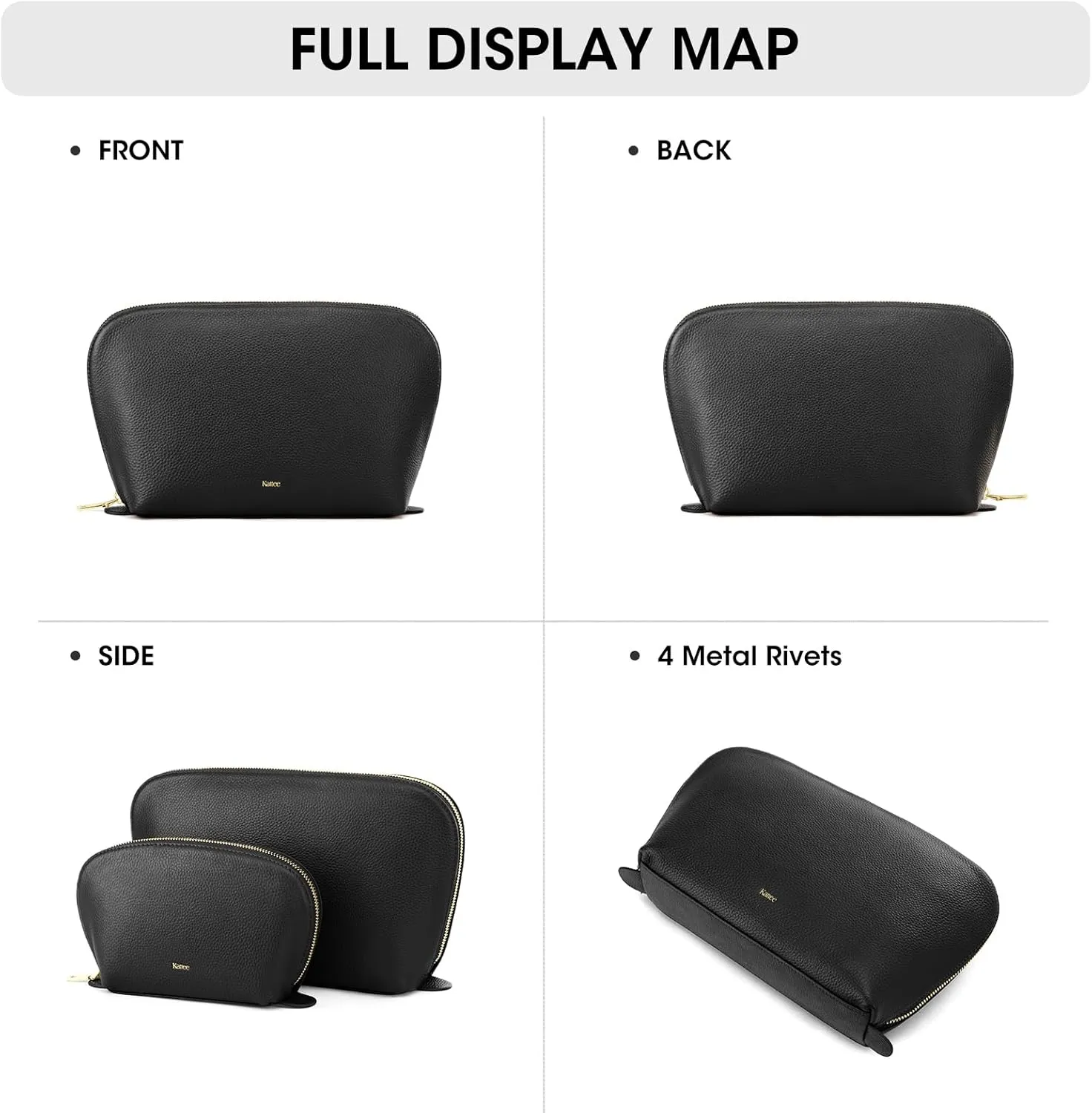 Kattee Leather Makeup Bag, Travel Cosmetic Bag Set, Toiletry Bag Organizer for Women, 1-PACK, Medium, Black