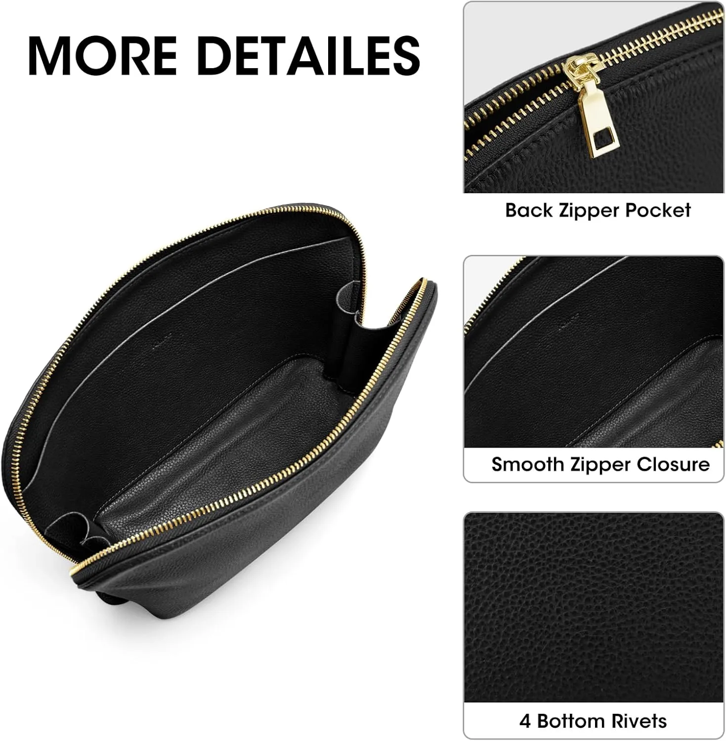 Kattee Leather Makeup Bag, Travel Cosmetic Bag Set, Toiletry Bag Organizer for Women, 1-PACK, Medium, Black