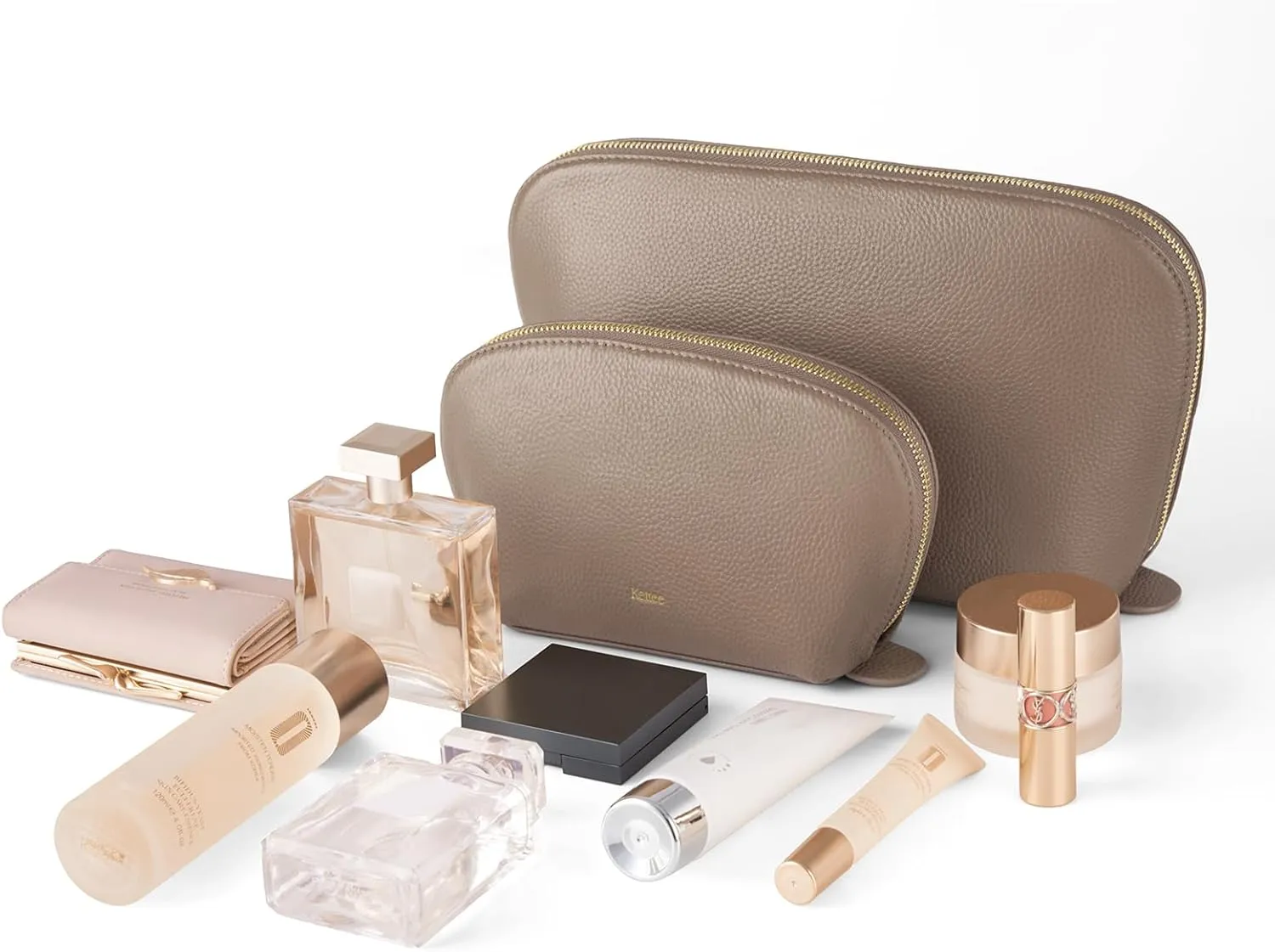 Kattee Leather Makeup Bag, Travel Cosmetic Bag Set, Toiletry Bag Organizer for Women, 1-PACK, Medium, Khaki