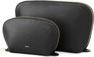 Kattee Leather Makeup Bag, Travel Cosmetic Bag Set, Toiletry Bag Organizer for Women, 2-PACK, Black
