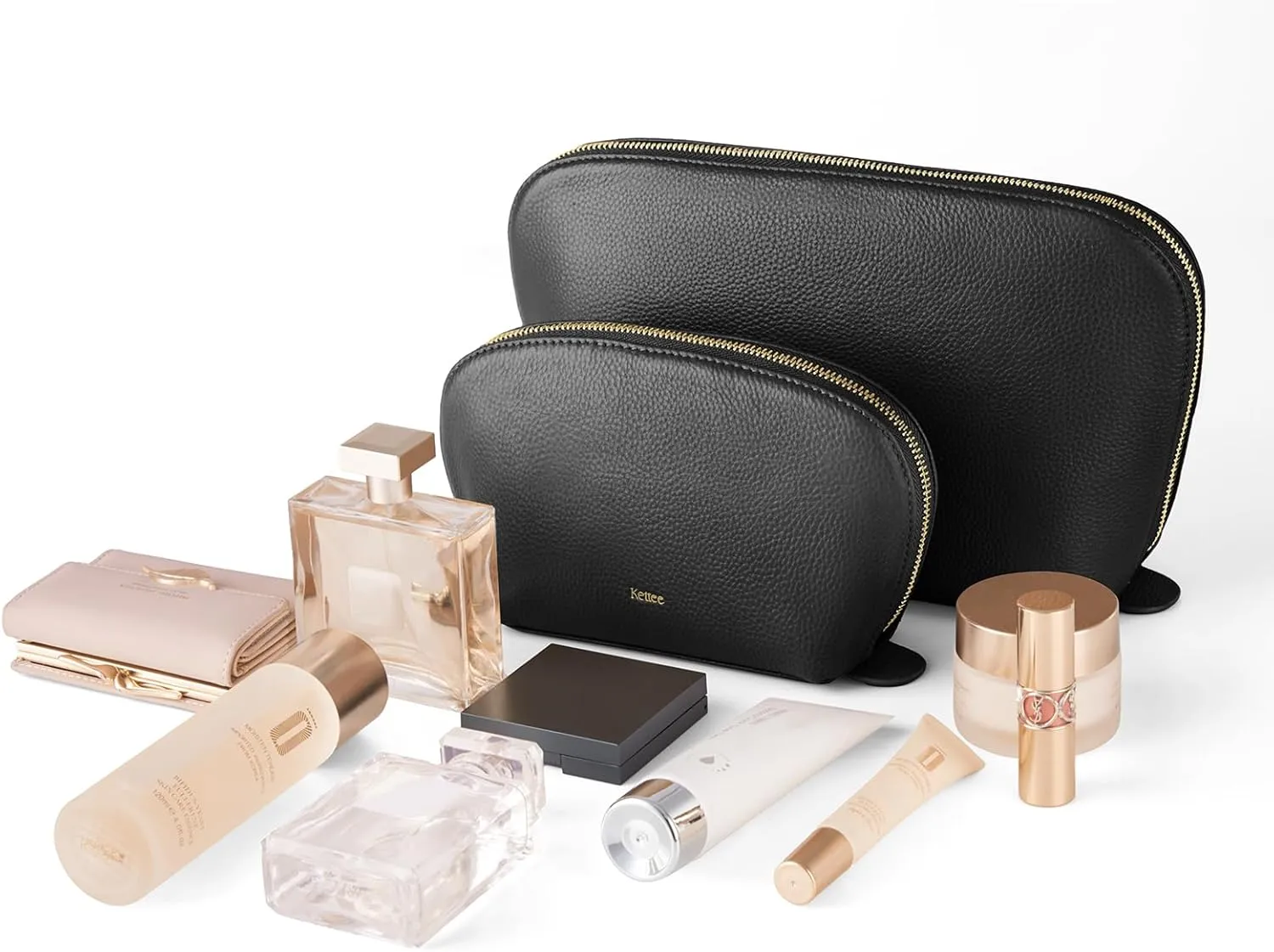 Kattee Leather Makeup Bag, Travel Cosmetic Bag Set, Toiletry Bag Organizer for Women, 2-PACK, Black