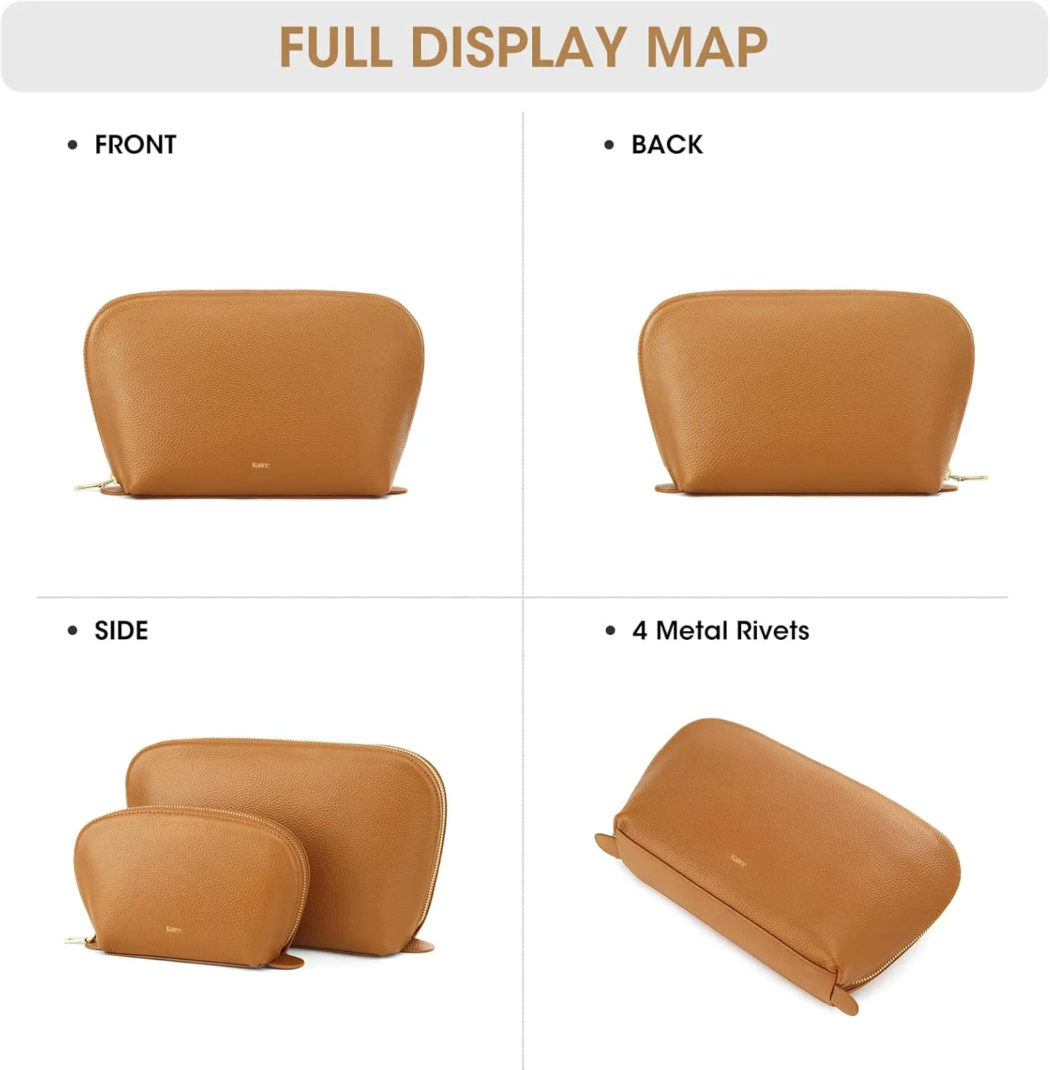 Kattee Leather Makeup Bag, Travel Cosmetic Bag Set, Toiletry Bag Organizer for Women, 2-PACK, Brown