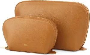Kattee Leather Makeup Bag, Travel Cosmetic Bag Set, Toiletry Bag Organizer for Women, 2-PACK, Brown