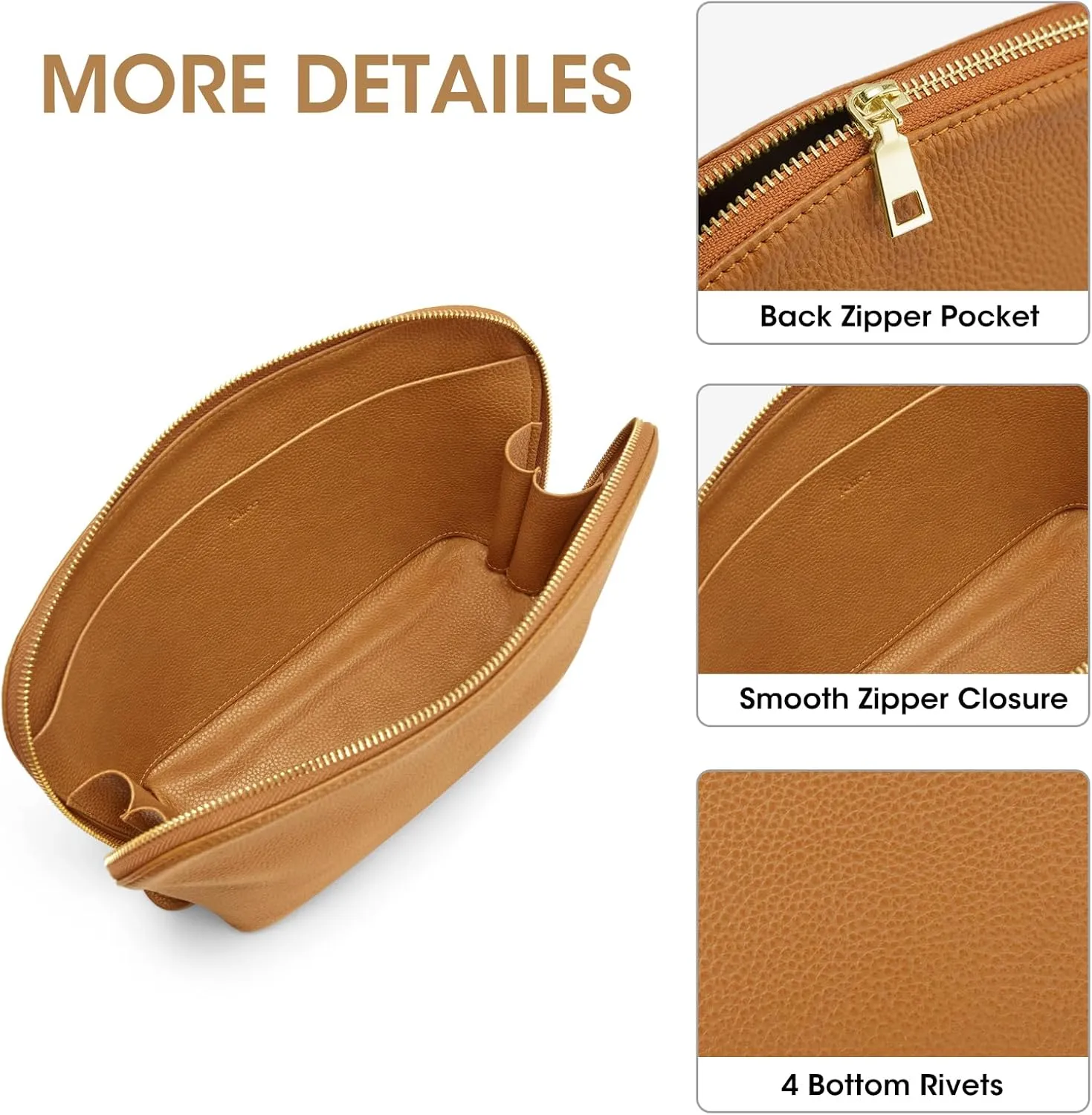 Kattee Leather Makeup Bag, Travel Cosmetic Bag Set, Toiletry Bag Organizer for Women, 2-PACK, Brown
