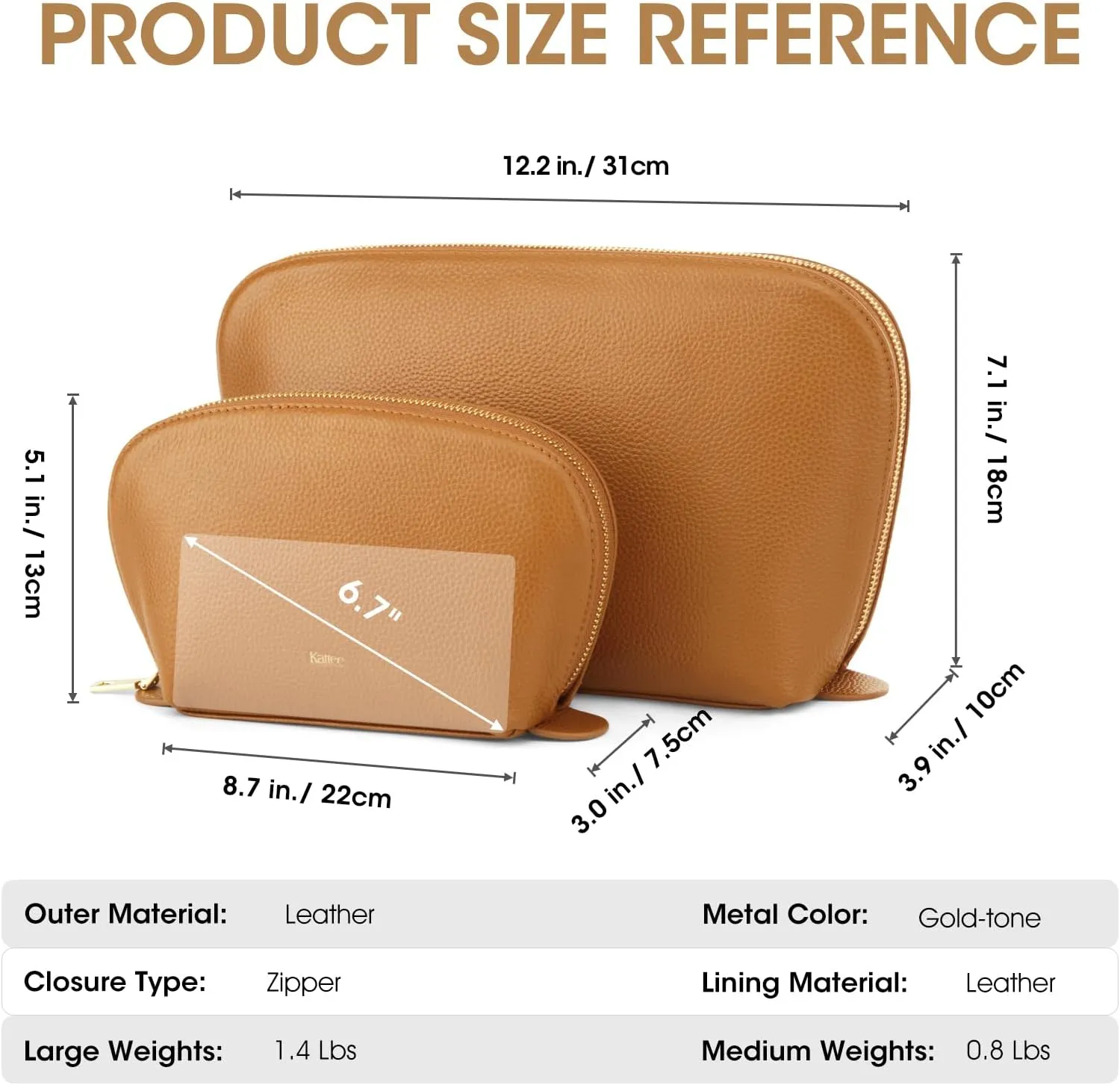 Kattee Leather Makeup Bag, Travel Cosmetic Bag Set, Toiletry Bag Organizer for Women, 2-PACK, Brown