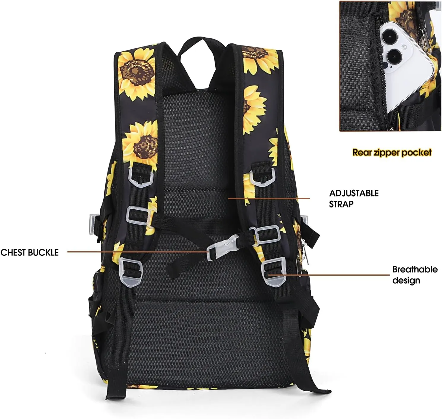 Kawaii Backpack for Girls, Cute Aesthetic Backpack for School, Kawaii Bookbag with Pins Accessories and Pendant，Black Flower