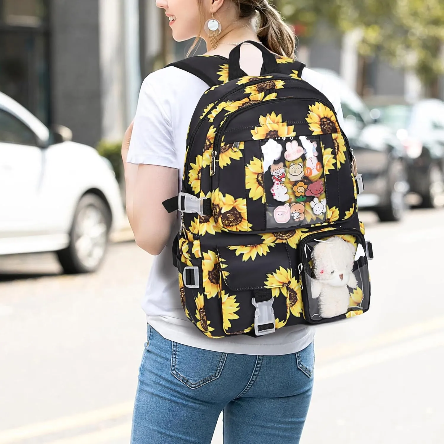 Kawaii Backpack for Girls, Cute Aesthetic Backpack for School, Kawaii Bookbag with Pins Accessories and Pendant，Black Flower