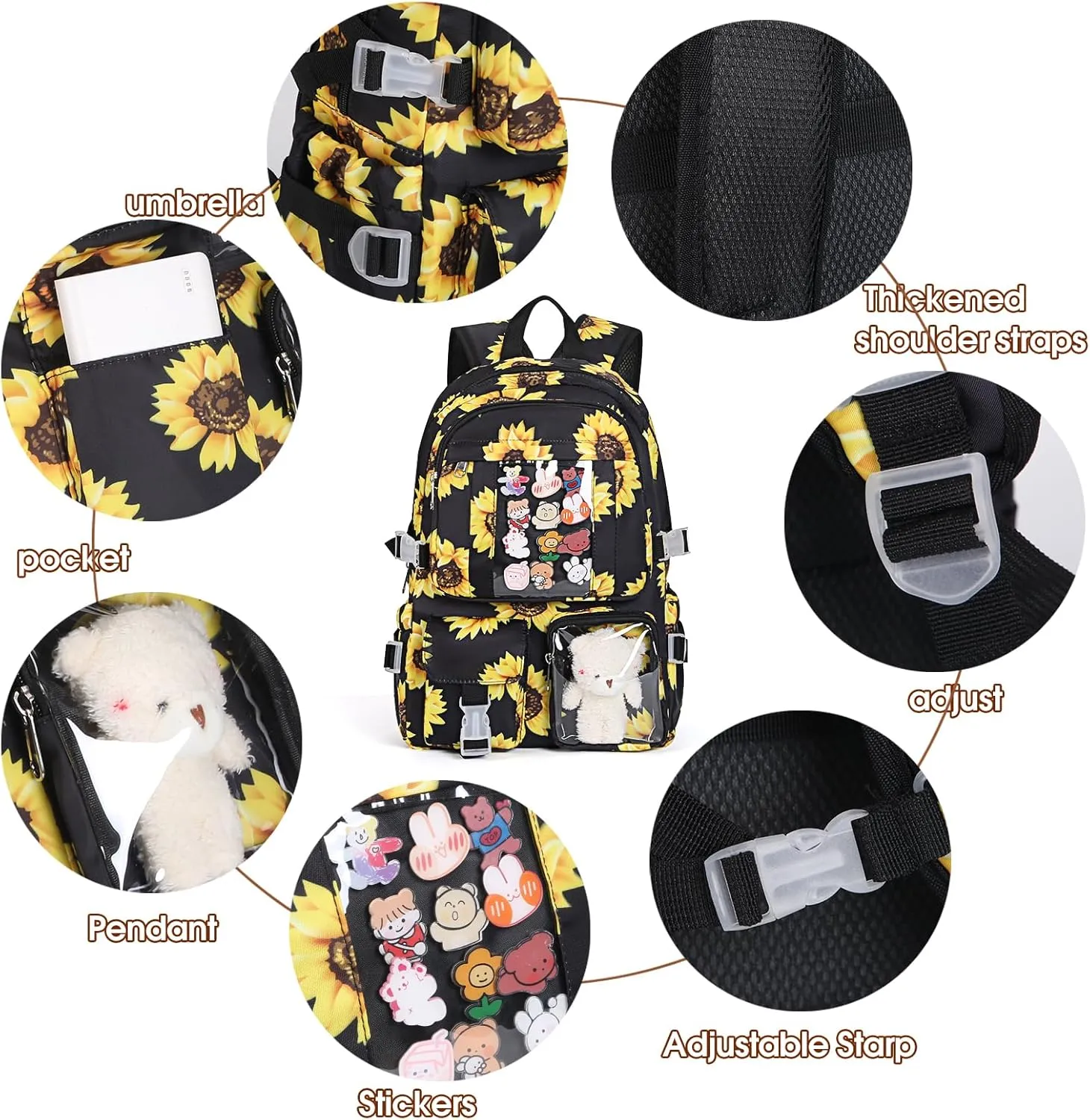 Kawaii Backpack for Girls, Cute Aesthetic Backpack for School, Kawaii Bookbag with Pins Accessories and Pendant，Black Flower