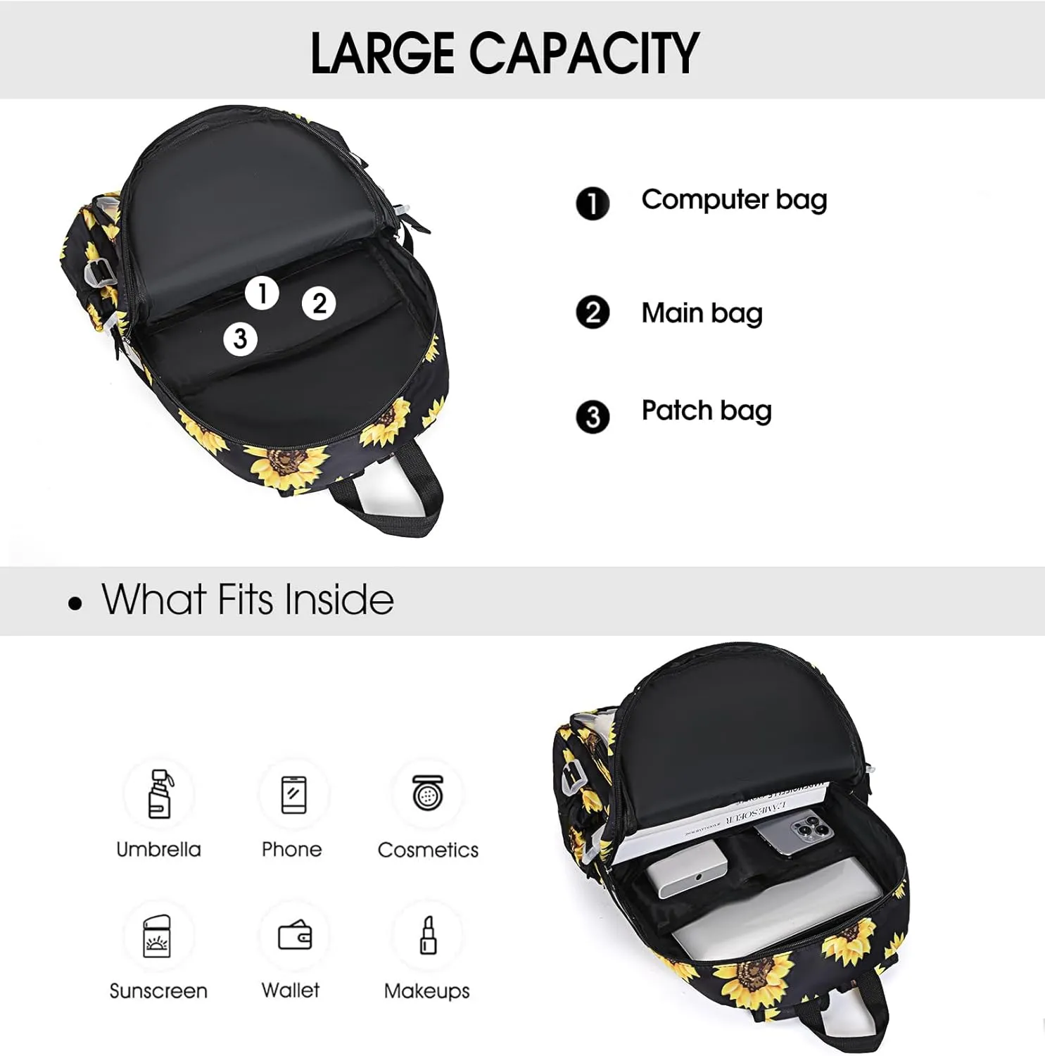 Kawaii Backpack for Girls, Cute Aesthetic Backpack for School, Kawaii Bookbag with Pins Accessories and Pendant，Black Flower