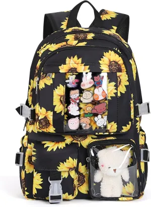 Kawaii Backpack for Girls, Cute Aesthetic Backpack for School, Kawaii Bookbag with Pins Accessories and Pendant，Black Flower