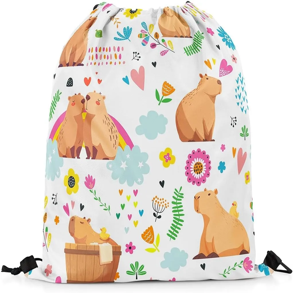 Kawaii Capybara Drawstring Backpack 13x15.7, Cute Rainbow Capybara Soft String Bag, Cartoon Animal Sackpack For Sport Gym Traveling, Jungle Animal Floral Cinch Bags