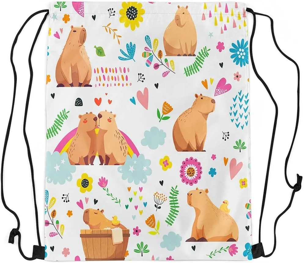 Kawaii Capybara Drawstring Backpack 13x15.7, Cute Rainbow Capybara Soft String Bag, Cartoon Animal Sackpack For Sport Gym Traveling, Jungle Animal Floral Cinch Bags