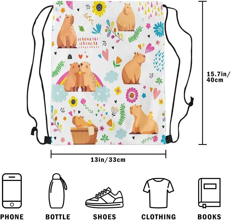 Kawaii Capybara Drawstring Backpack 13x15.7, Cute Rainbow Capybara Soft String Bag, Cartoon Animal Sackpack For Sport Gym Traveling, Jungle Animal Floral Cinch Bags