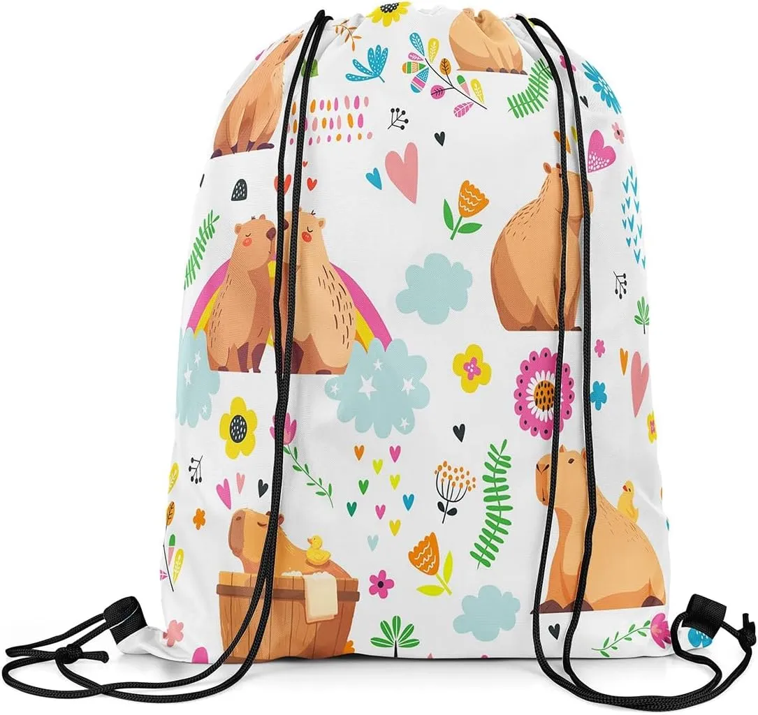 Kawaii Capybara Drawstring Backpack 13x15.7, Cute Rainbow Capybara Soft String Bag, Cartoon Animal Sackpack For Sport Gym Traveling, Jungle Animal Floral Cinch Bags