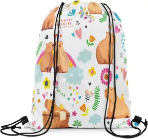Kawaii Capybara Drawstring Backpack 13x15.7, Cute Rainbow Capybara Soft String Bag, Cartoon Animal Sackpack For Sport Gym Traveling, Jungle Animal Floral Cinch Bags