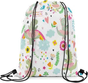 Kawaii Dinosaur Drawstring Backpack 13x15.7, Cute Rainbow Ballet Dino Soft String Bag, Cartoon Flower Sackpack For Sport Gym Traveling, Jungle Animal Floral Cinch Bags