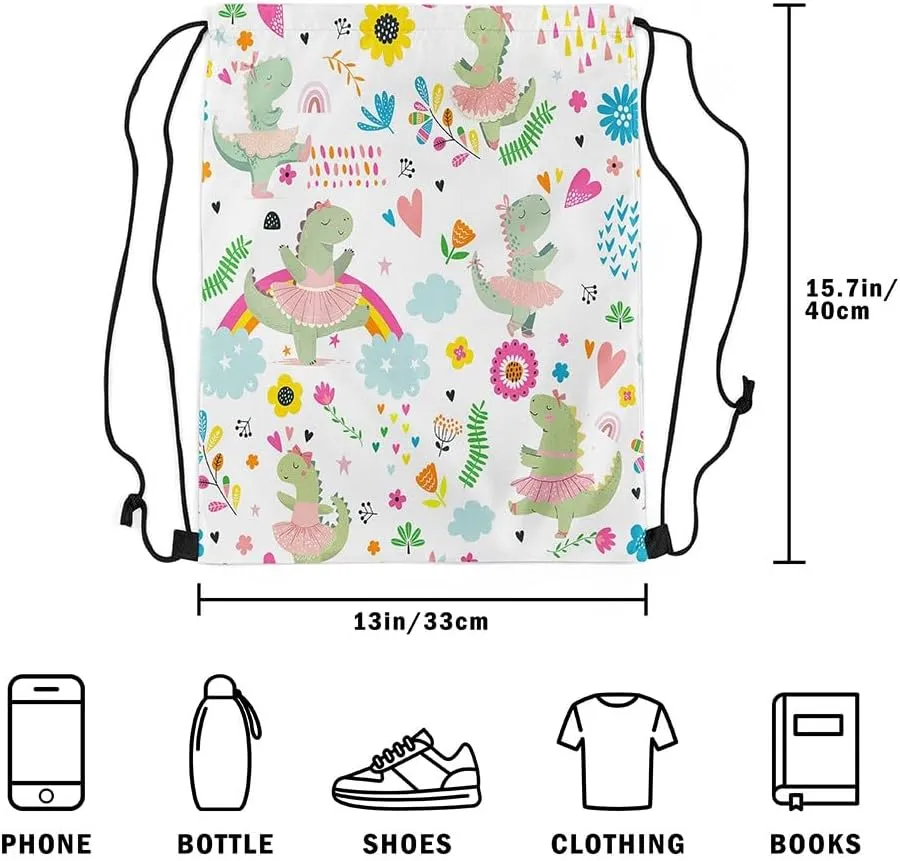 Kawaii Dinosaur Drawstring Backpack 13x15.7, Cute Rainbow Ballet Dino Soft String Bag, Cartoon Flower Sackpack For Sport Gym Traveling, Jungle Animal Floral Cinch Bags