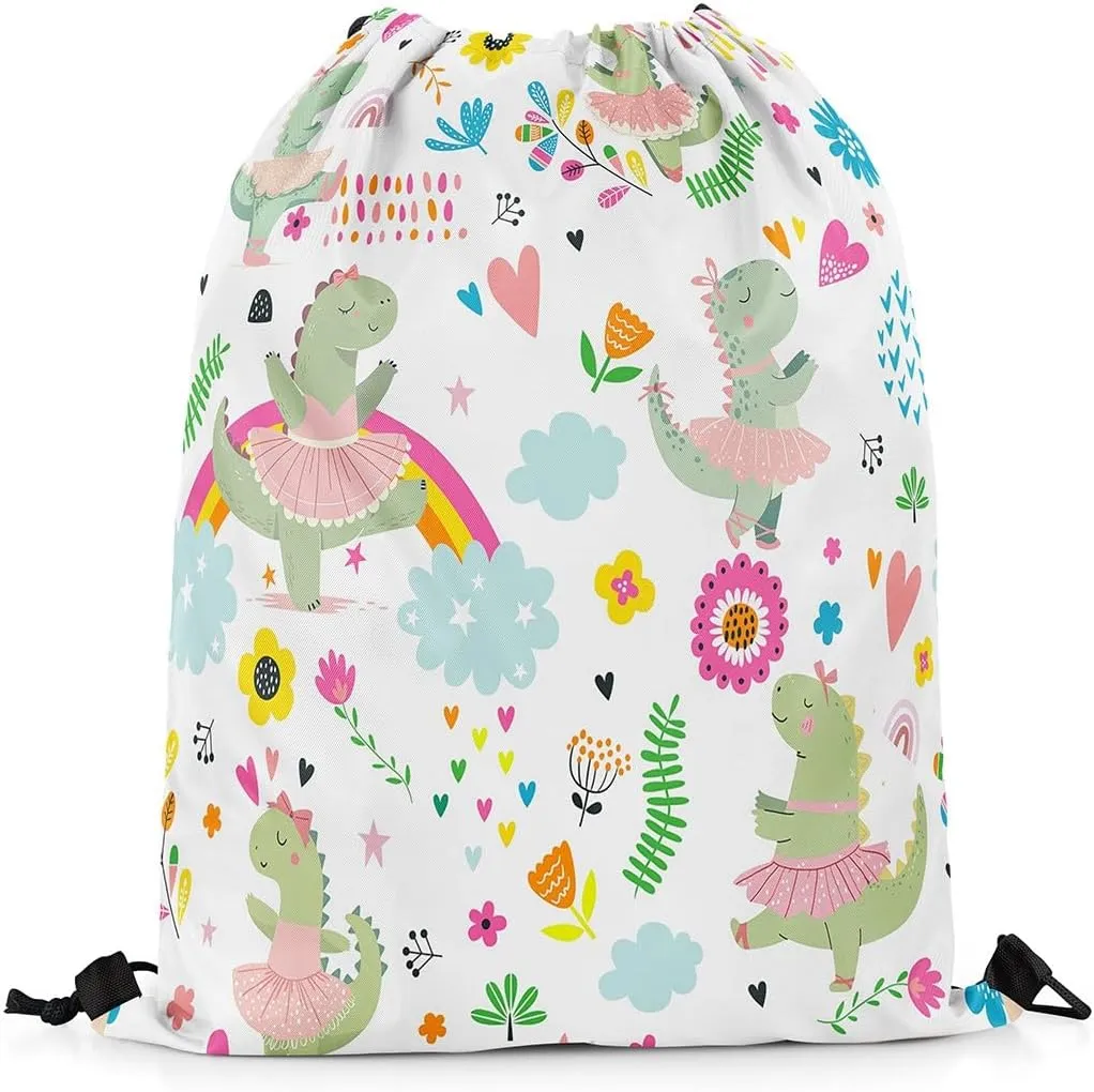 Kawaii Dinosaur Drawstring Backpack 13x15.7, Cute Rainbow Ballet Dino Soft String Bag, Cartoon Flower Sackpack For Sport Gym Traveling, Jungle Animal Floral Cinch Bags