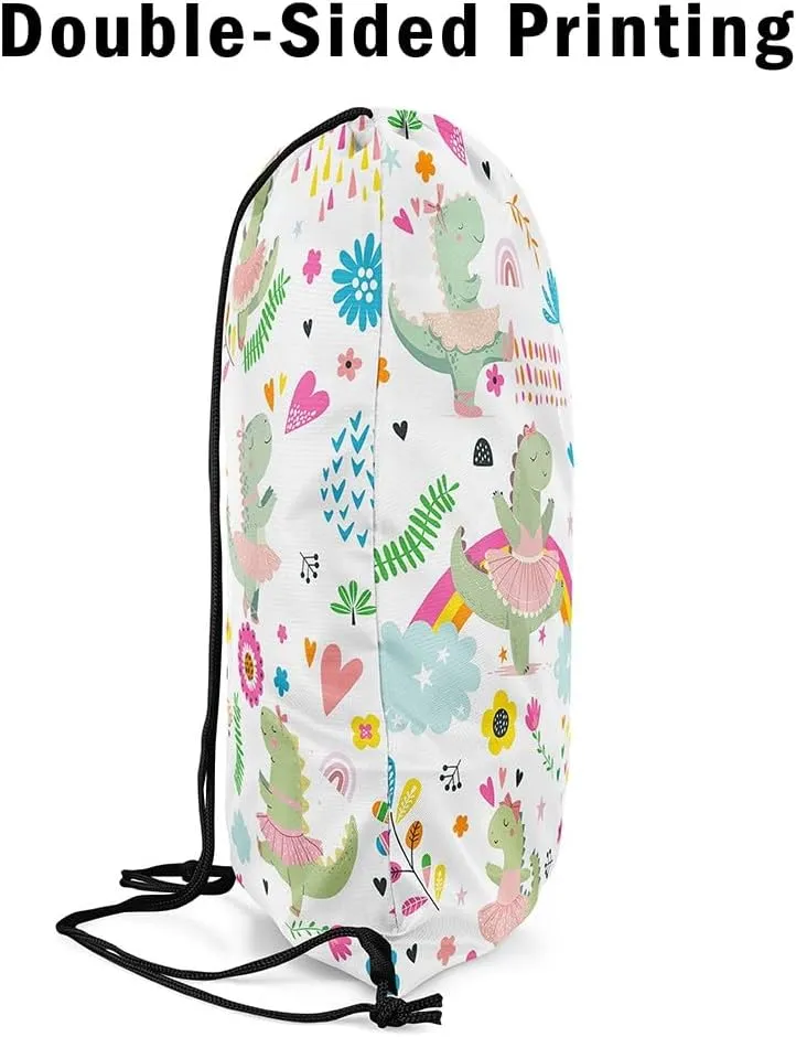 Kawaii Dinosaur Drawstring Backpack 13x15.7, Cute Rainbow Ballet Dino Soft String Bag, Cartoon Flower Sackpack For Sport Gym Traveling, Jungle Animal Floral Cinch Bags