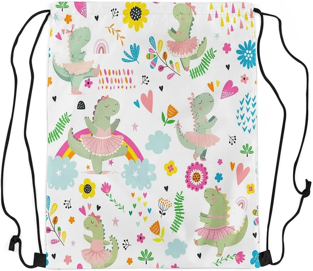 Kawaii Dinosaur Drawstring Backpack 13x15.7, Cute Rainbow Ballet Dino Soft String Bag, Cartoon Flower Sackpack For Sport Gym Traveling, Jungle Animal Floral Cinch Bags