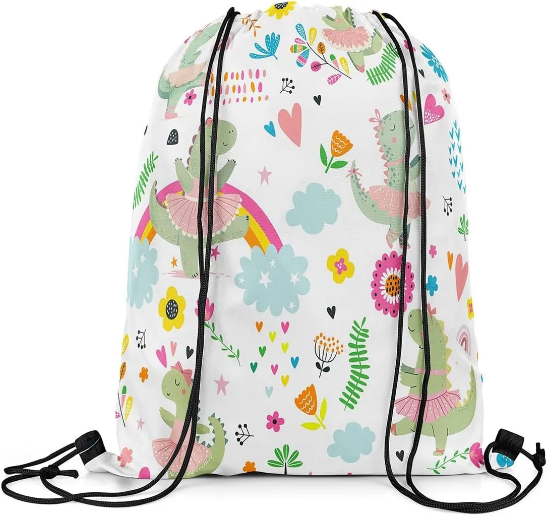Kawaii Dinosaur Drawstring Backpack 13x15.7, Cute Rainbow Ballet Dino Soft String Bag, Cartoon Flower Sackpack For Sport Gym Traveling, Jungle Animal Floral Cinch Bags