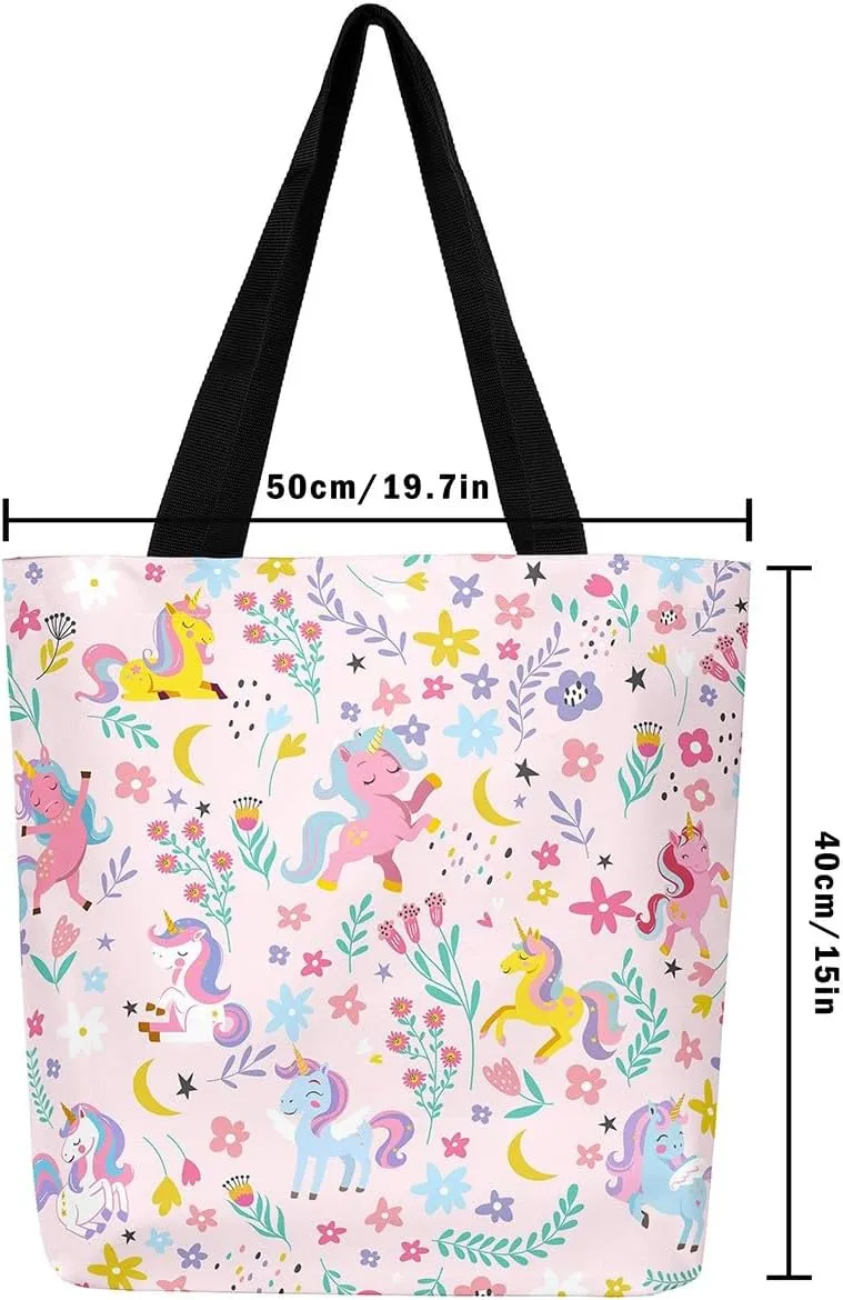 Kawaii Floral Animal Canvas Tote Bag,Cute Cartoon Animal Pink Flower Shopping Grocery Bags