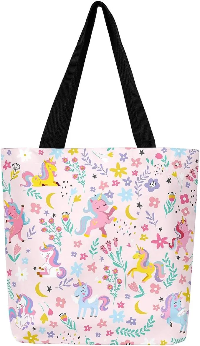 Kawaii Floral Animal Canvas Tote Bag,Cute Cartoon Animal Pink Flower Shopping Grocery Bags