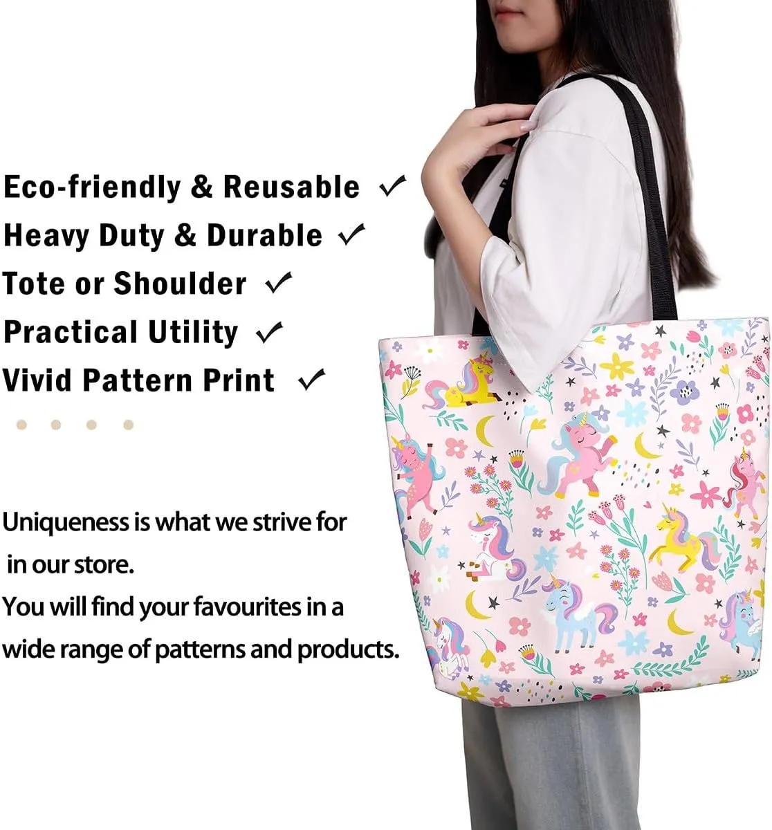 Kawaii Floral Animal Canvas Tote Bag,Cute Cartoon Animal Pink Flower Shopping Grocery Bags
