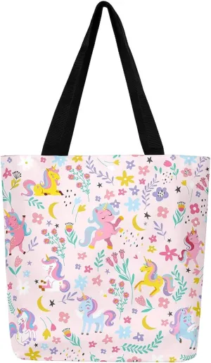Kawaii Floral Animal Canvas Tote Bag,Cute Cartoon Animal Pink Flower Shopping Grocery Bags