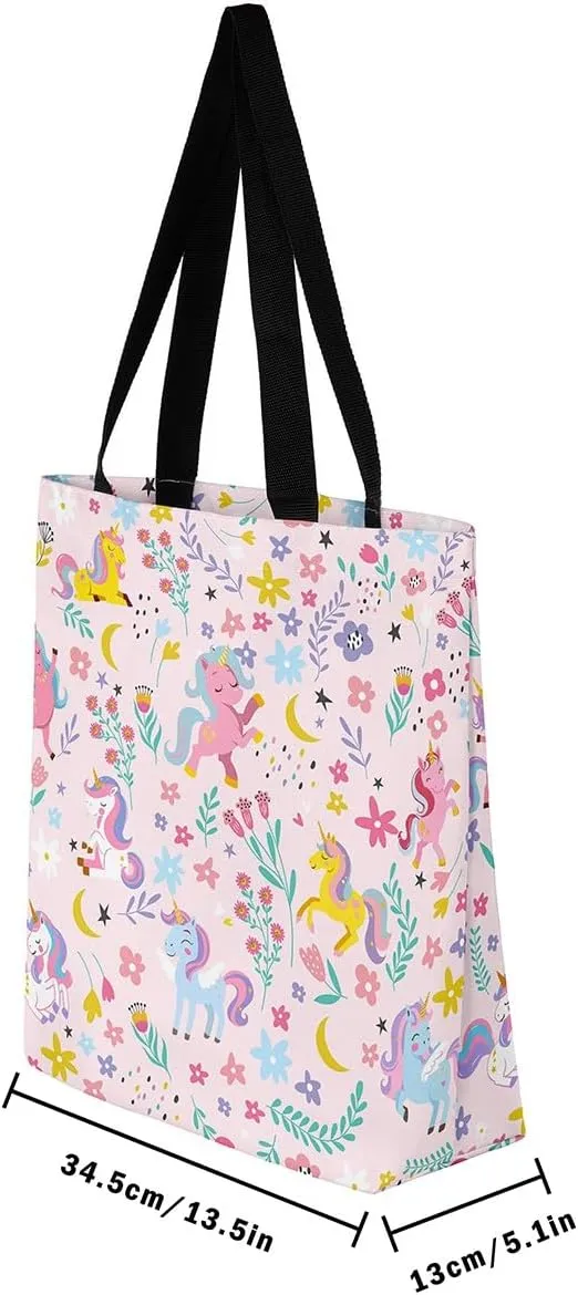 Kawaii Floral Animal Canvas Tote Bag,Cute Cartoon Animal Pink Flower Shopping Grocery Bags