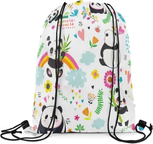 Kawaii Panda Drawstring Backpack 13x15.7, Cute Rainbow Giant Panda Soft String Bag, Cartoon Flower Sackpack For Swim Yoga Camping, Jungle Animal Floral Cinch Bags