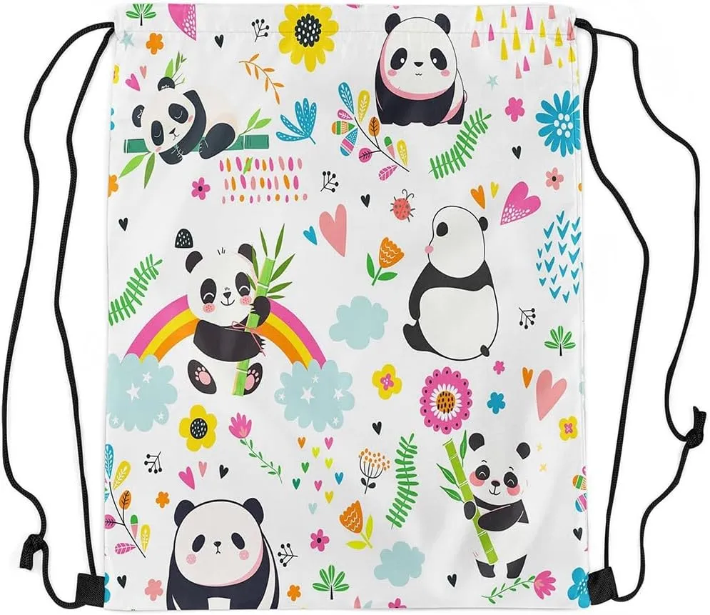 Kawaii Panda Drawstring Backpack 13x15.7, Cute Rainbow Giant Panda Soft String Bag, Cartoon Flower Sackpack For Swim Yoga Camping, Jungle Animal Floral Cinch Bags