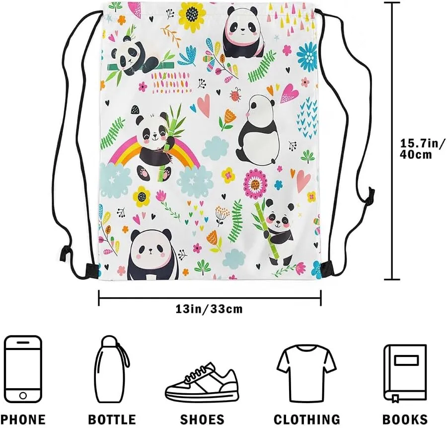 Kawaii Panda Drawstring Backpack 13x15.7, Cute Rainbow Giant Panda Soft String Bag, Cartoon Flower Sackpack For Swim Yoga Camping, Jungle Animal Floral Cinch Bags