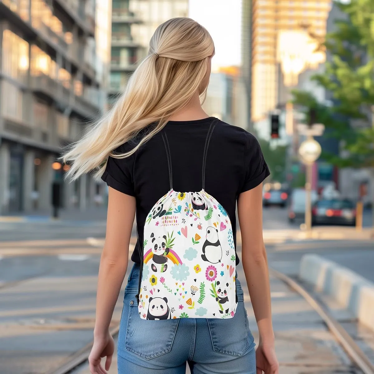 Kawaii Panda Drawstring Backpack 13x15.7, Cute Rainbow Giant Panda Soft String Bag, Cartoon Flower Sackpack For Swim Yoga Camping, Jungle Animal Floral Cinch Bags