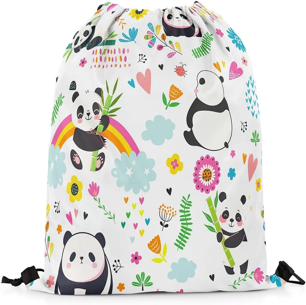 Kawaii Panda Drawstring Backpack 13x15.7, Cute Rainbow Giant Panda Soft String Bag, Cartoon Flower Sackpack For Swim Yoga Camping, Jungle Animal Floral Cinch Bags