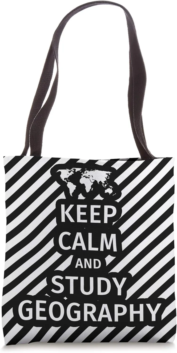 Keep Calm and Study Geography striped / with black and white Tote Bag