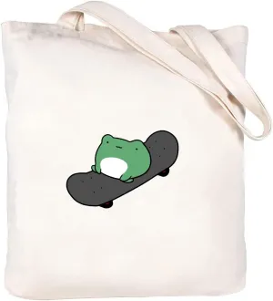 KEEVICI Cute Mushroom Frog Canvas Tote Bag For Women Cottagecore Aesthetic Graphic Reusable Grocery Shopping Shoulder Bag