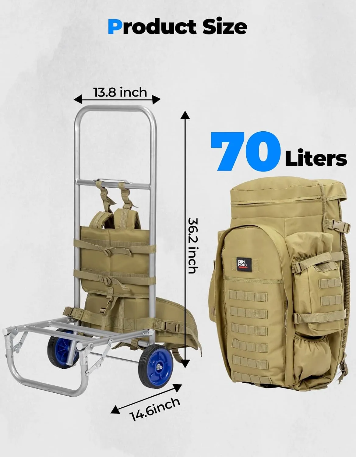 KEMIMOTO External Frame Backpacks for Hiking and Hunting, 70L Large Capacity Travel Bag with Removable Wheeled External Frame, Multifunctional Multi-pocket Camping & Traveling Gear (Brown)