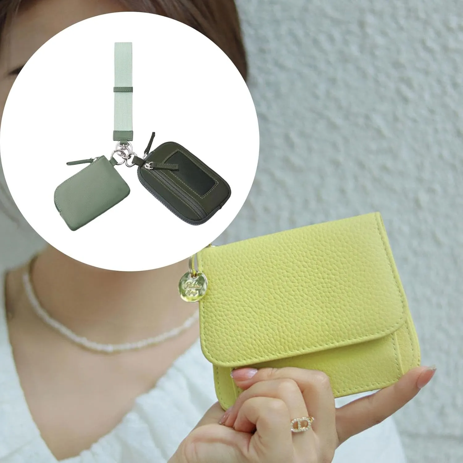 Keychain Wristlet Wallet Purse Card Storage with Zipper Bag Double Pouch Women Men for Traveling Street Fishing Shopping Hiking, Green